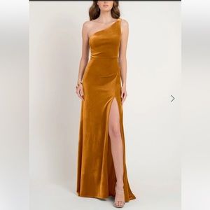 Jenny Yoo Cybill One Shoulder Velvet Marigold Gown (size 2)